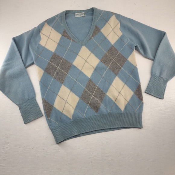 The Scotch House Sweaters - The Scotch House S/M | Blue Argyle 100% Cashmere V-Neck Sweater Women